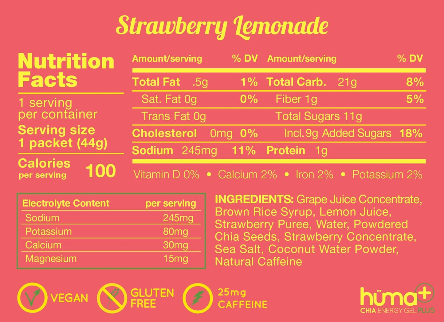 Variety Pack of HÜMA Chia Energy Gel Plus with Double Electrolytes - 24 Real Food Energy Gels, Stomach Friendly Formula