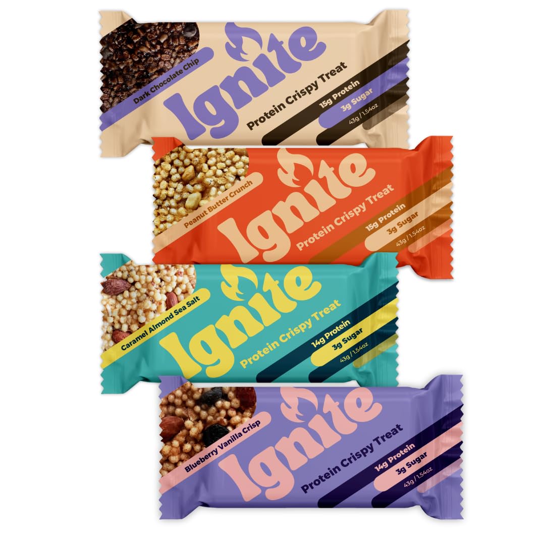 Variety Pack of Individually Wrapped High Protein Bars - Healthy Snacks for Adults & Kids, Low Sugar, Gluten Free, Paleo - Ignite Bars Boost Energy & Fiber, Crunchy Treats