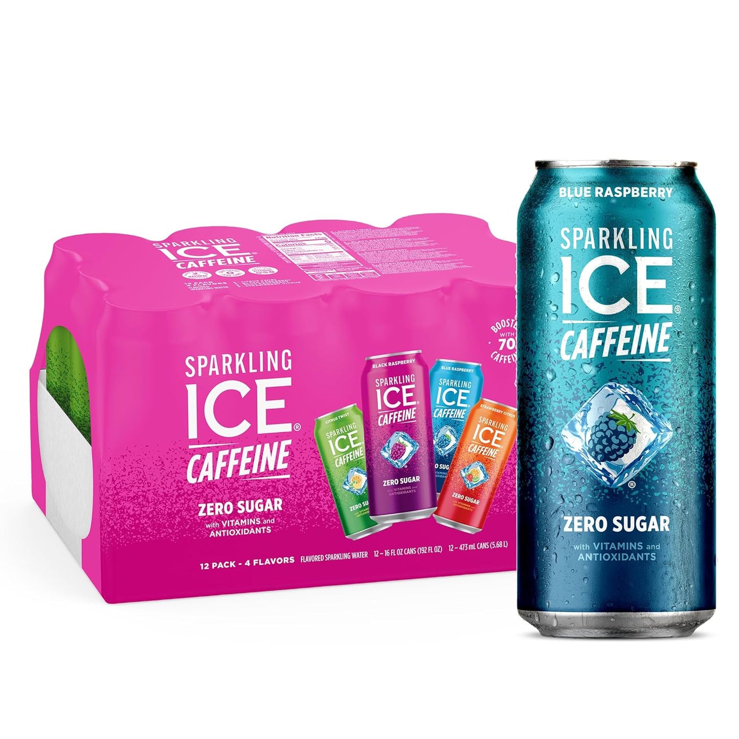 Variety Pack of Sparkling Ice Caffeine Flavored Water, Zero Sugar, 16 fl oz, 12ct - Citrus, Raspberry, and Strawberry Flavors with Vitamins