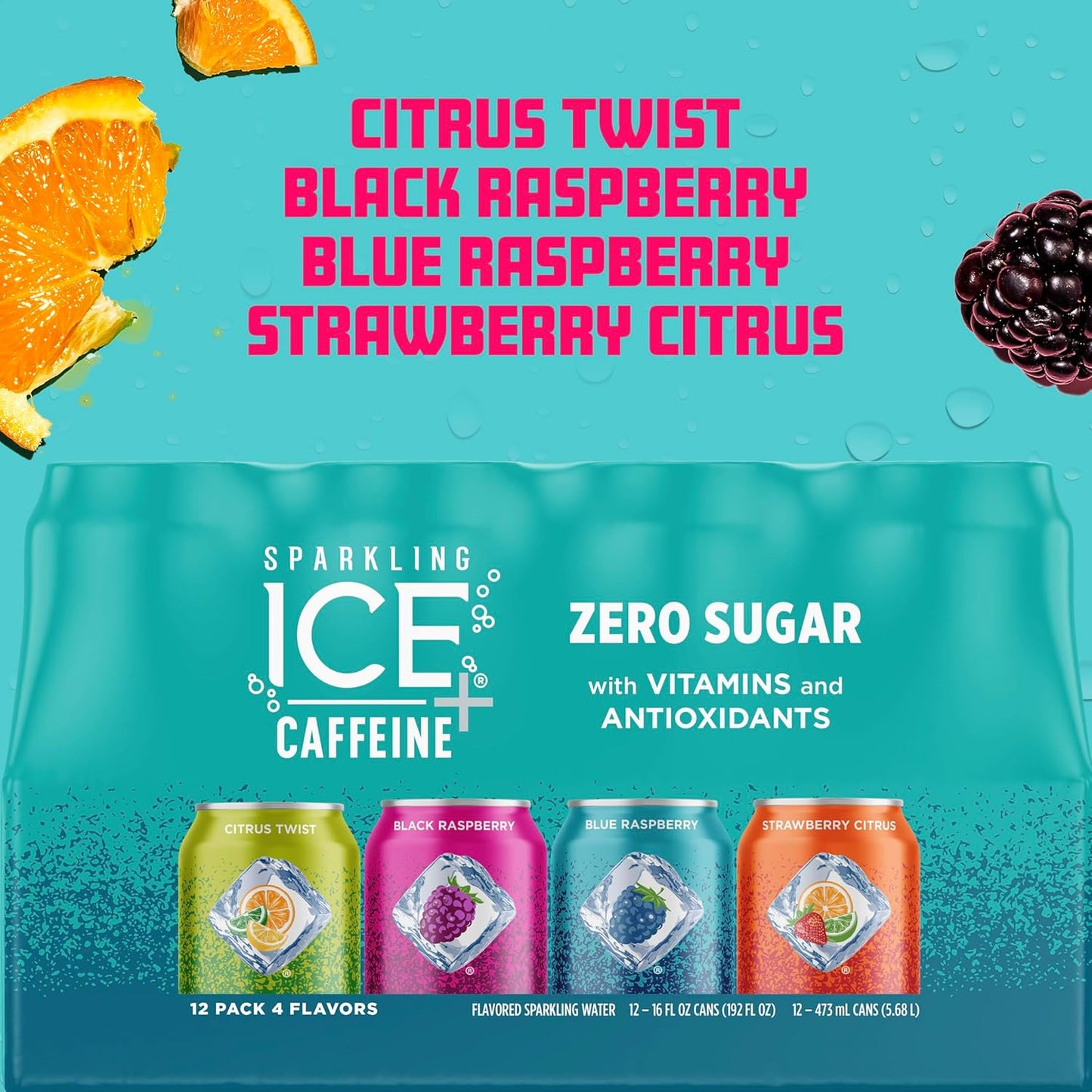 Variety Pack of Sparkling Ice Caffeine Flavored Water, Zero Sugar, 16 fl oz, 12ct - Citrus, Raspberry, and Strawberry Flavors with Vitamins