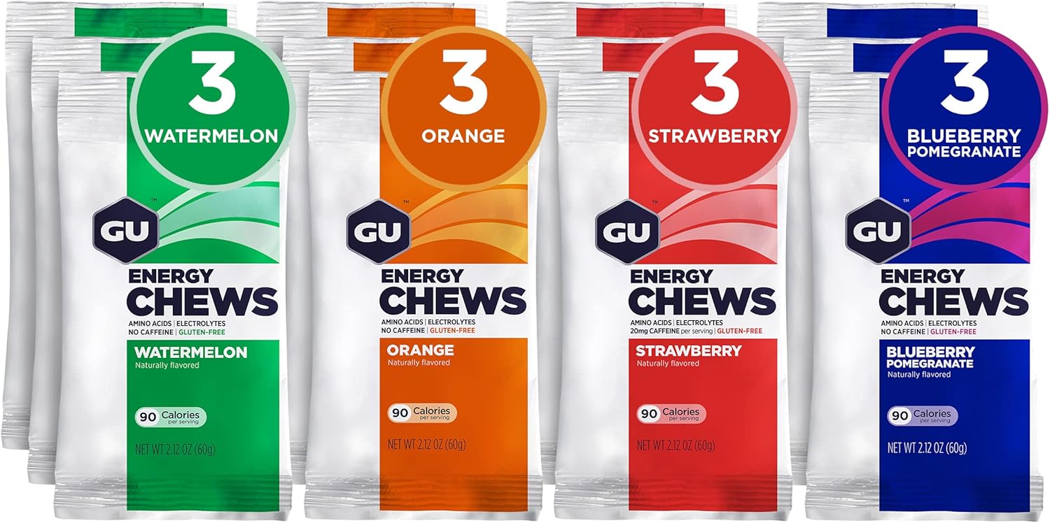 Variety Pack of Vegan Energy Chews with Electrolytes - Gluten-Free and Dairy-Free Energy Gummies for Workouts - 12 Bags (24 Servings)