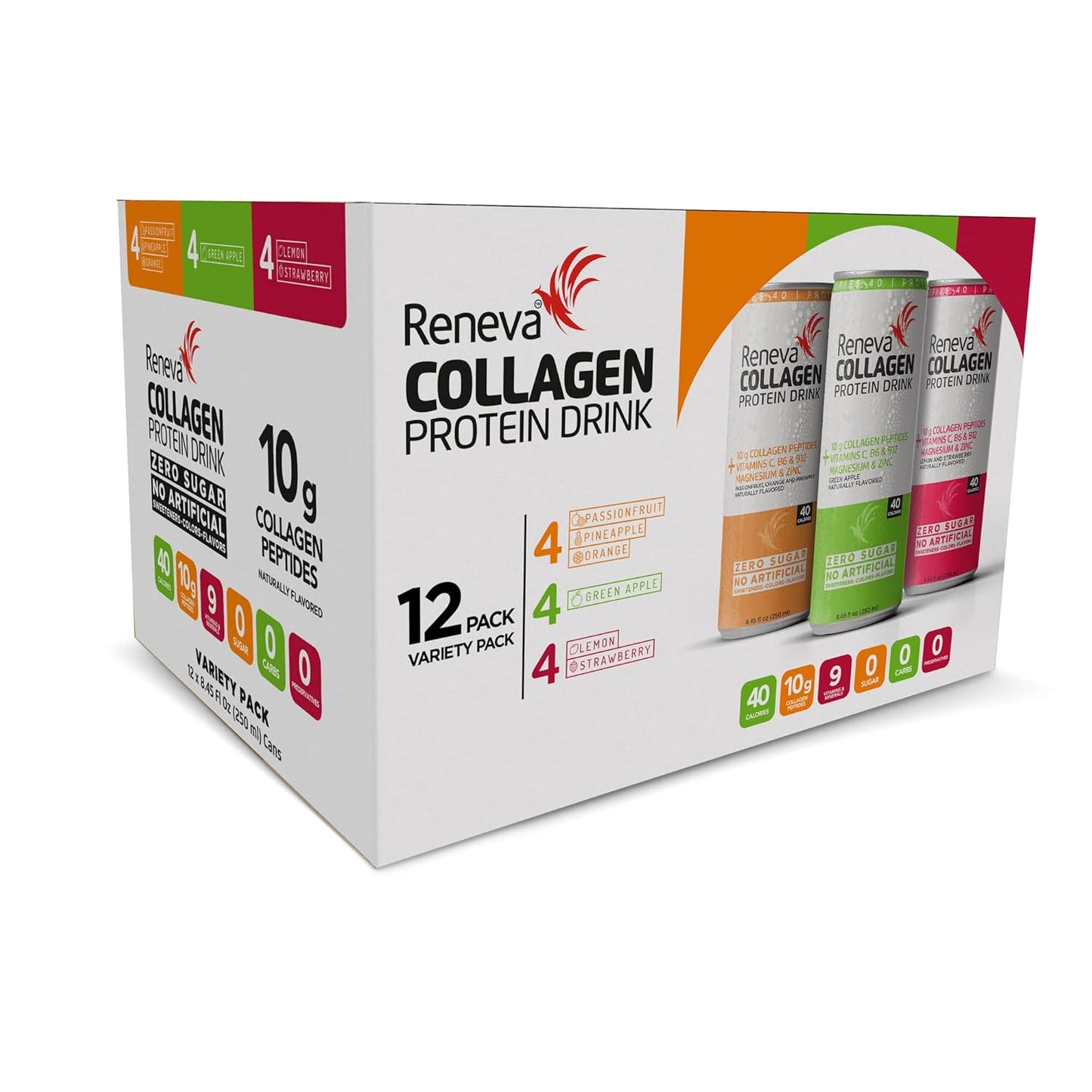 Variety Pack Reneva Collagen Protein Drink with 10g Collagen Peptides, Electrolytes, B-Vitamins, Zinc, and Zero Sugar