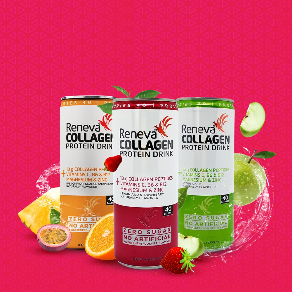 Variety Pack Reneva Collagen Protein Drink with 10g Collagen Peptides, Electrolytes, B-Vitamins, Zinc, and Zero Sugar