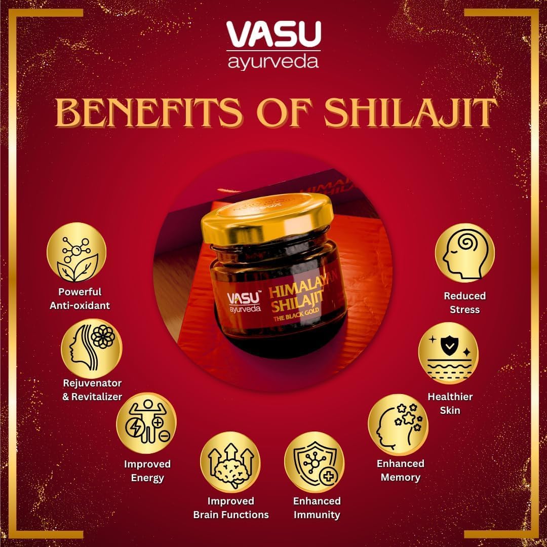 Vasu Ayurveda Himalayan Shilajit Resin: 100% Natural, High Potency, Lab Tested with Fulvic Acid & 85+ Trace Minerals - Black Gold Energy Booster (1 Pack)