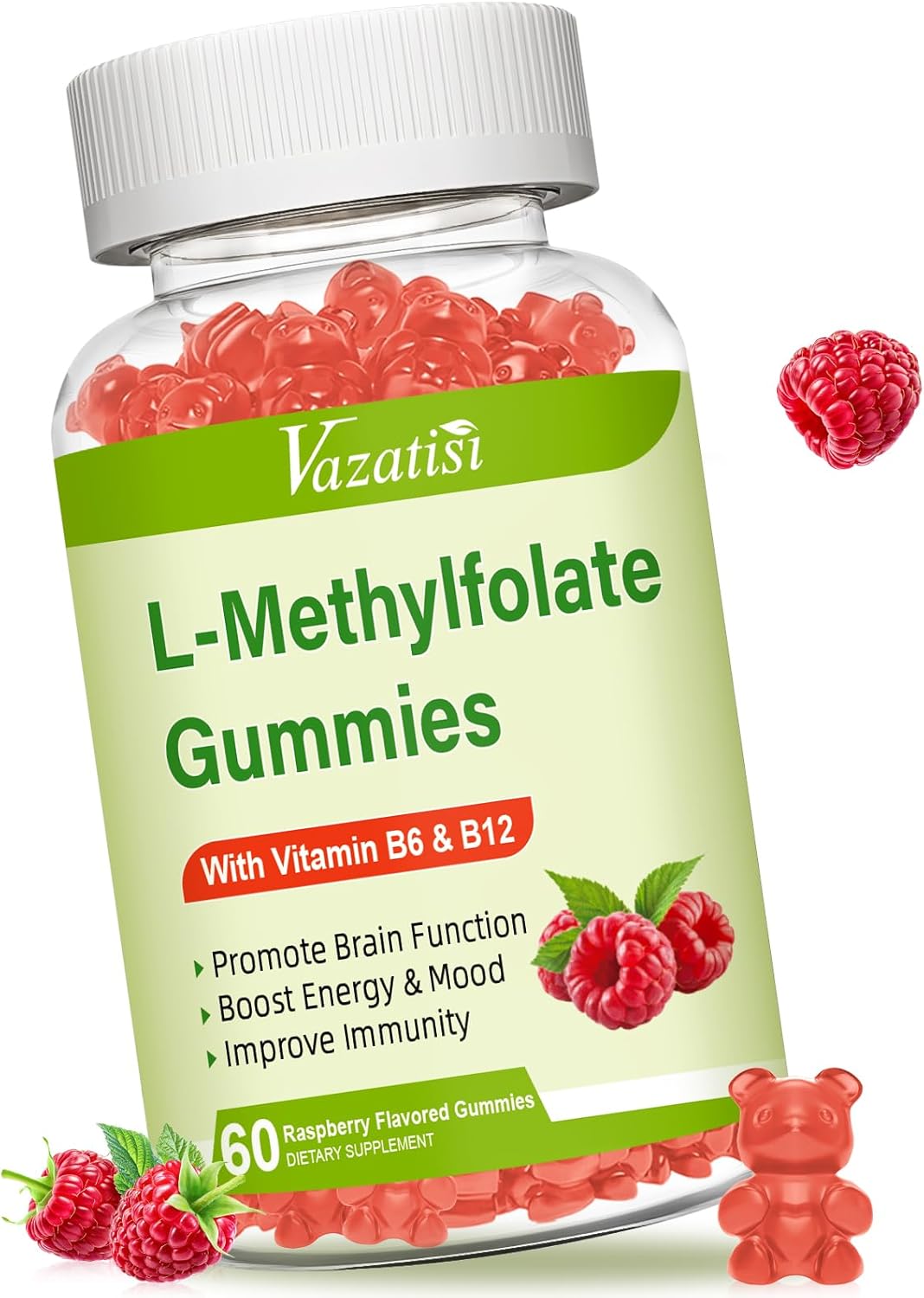 Vazatisi 15mg L-Methylfolate Gummies with Methyl B12 - Mood & Brain Health Supplement - Raspberry Flavor - 60 Count