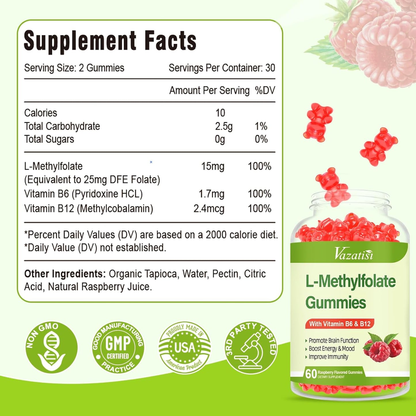 Vazatisi 15mg L-Methylfolate Gummies with Methyl B12 - Mood & Brain Health Supplement - Raspberry Flavor - 60 Count