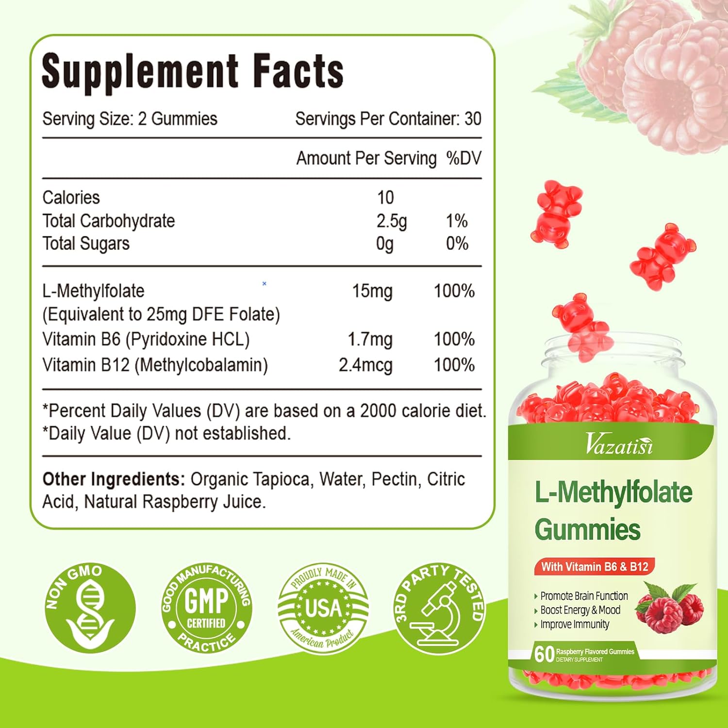 Vazatisi 15mg L-Methylfolate Gummies with Methyl B12 - Mood & Brain Health Supplement - Raspberry Flavor - 60 Count