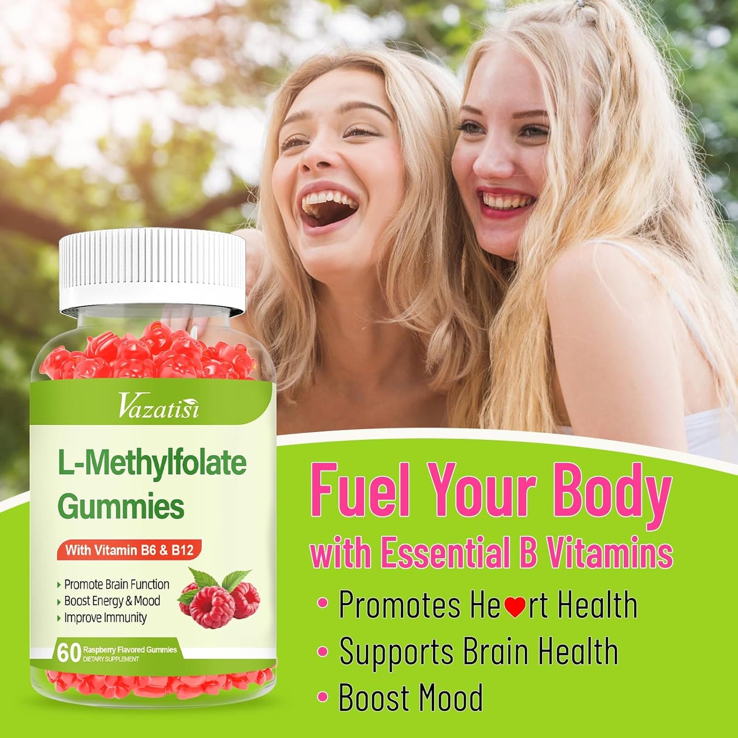 Vazatisi 15mg L-Methylfolate Gummies with Methyl B12 - Mood & Brain Health Supplement - Raspberry Flavor - 60 Count