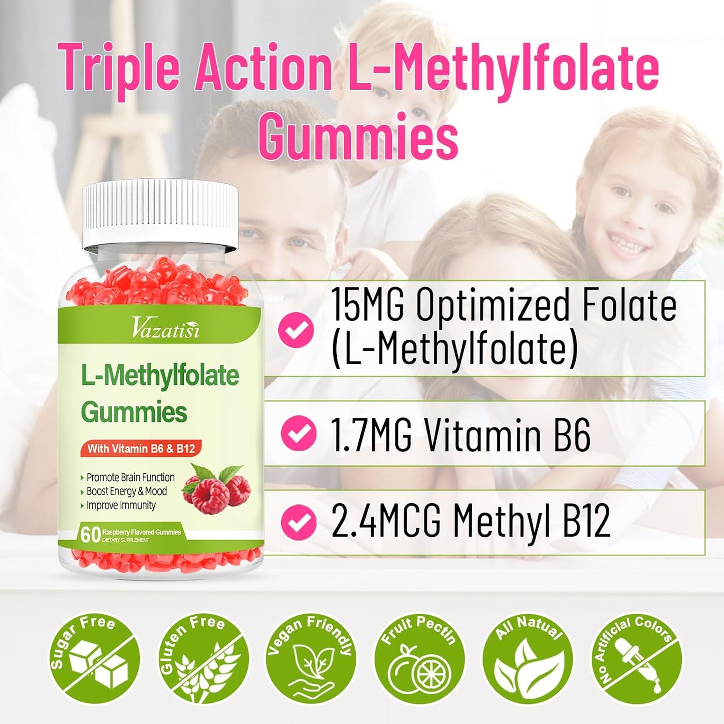 Vazatisi 15mg L-Methylfolate Gummies with Methyl B12 - Mood & Brain Health Supplement - Raspberry Flavor - 60 Count