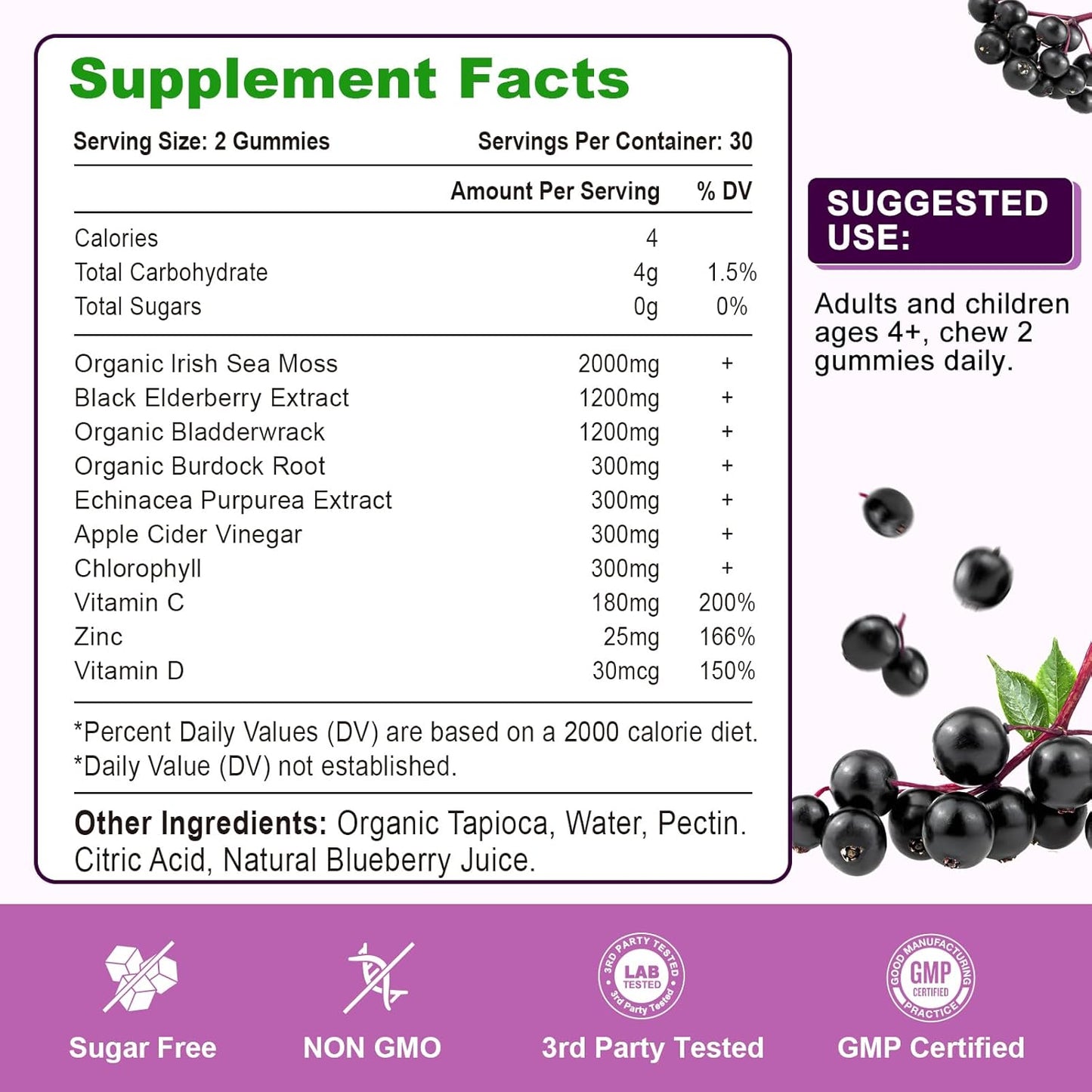 Vazatisi Blueberry Elderberry Sea Moss Gummies with Apple Cider Vinegar & Vitamins for Women, Men & Kids - 60 Ct