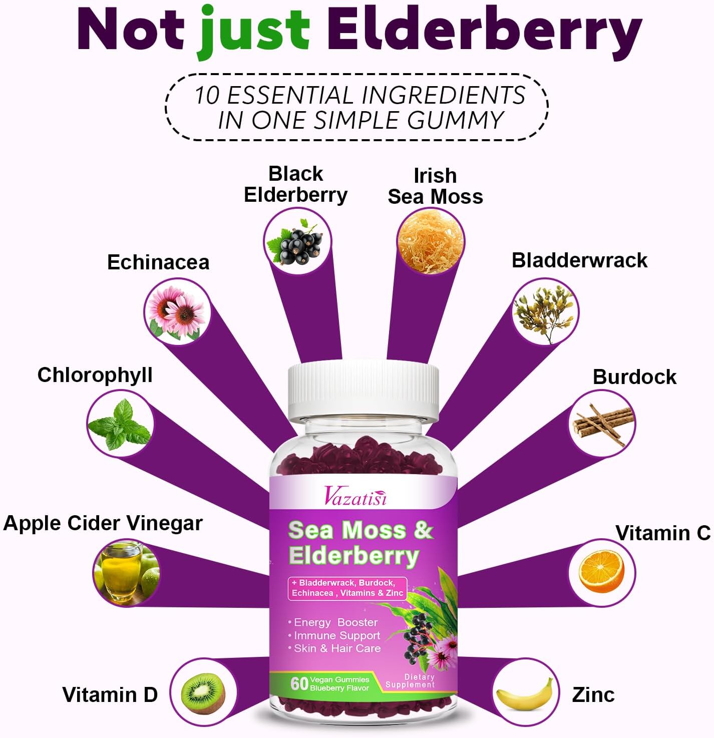 Vazatisi Blueberry Elderberry Sea Moss Gummies with Apple Cider Vinegar & Vitamins for Women, Men & Kids - 60 Ct