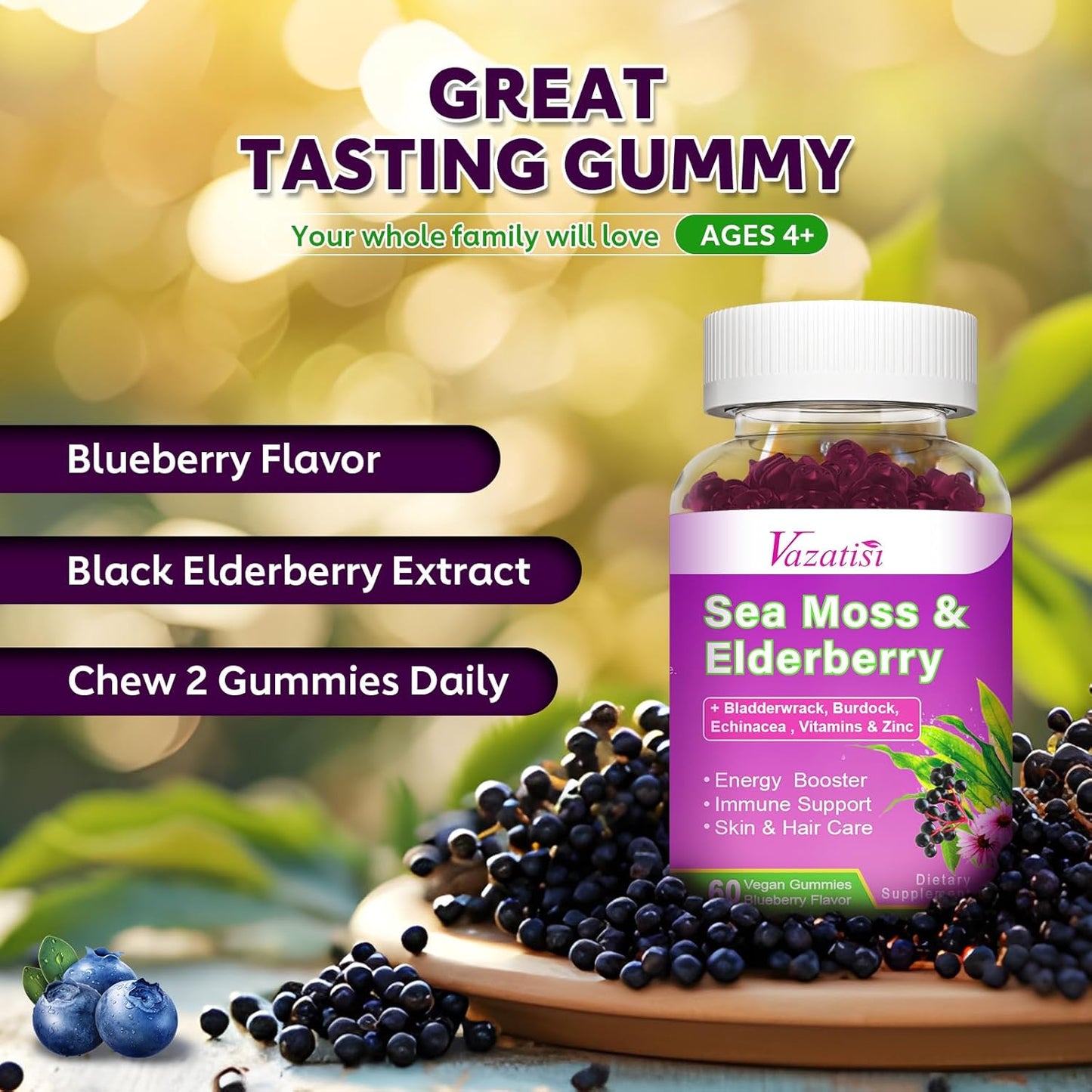 Vazatisi Blueberry Elderberry Sea Moss Gummies with Apple Cider Vinegar & Vitamins for Women, Men & Kids - 60 Ct