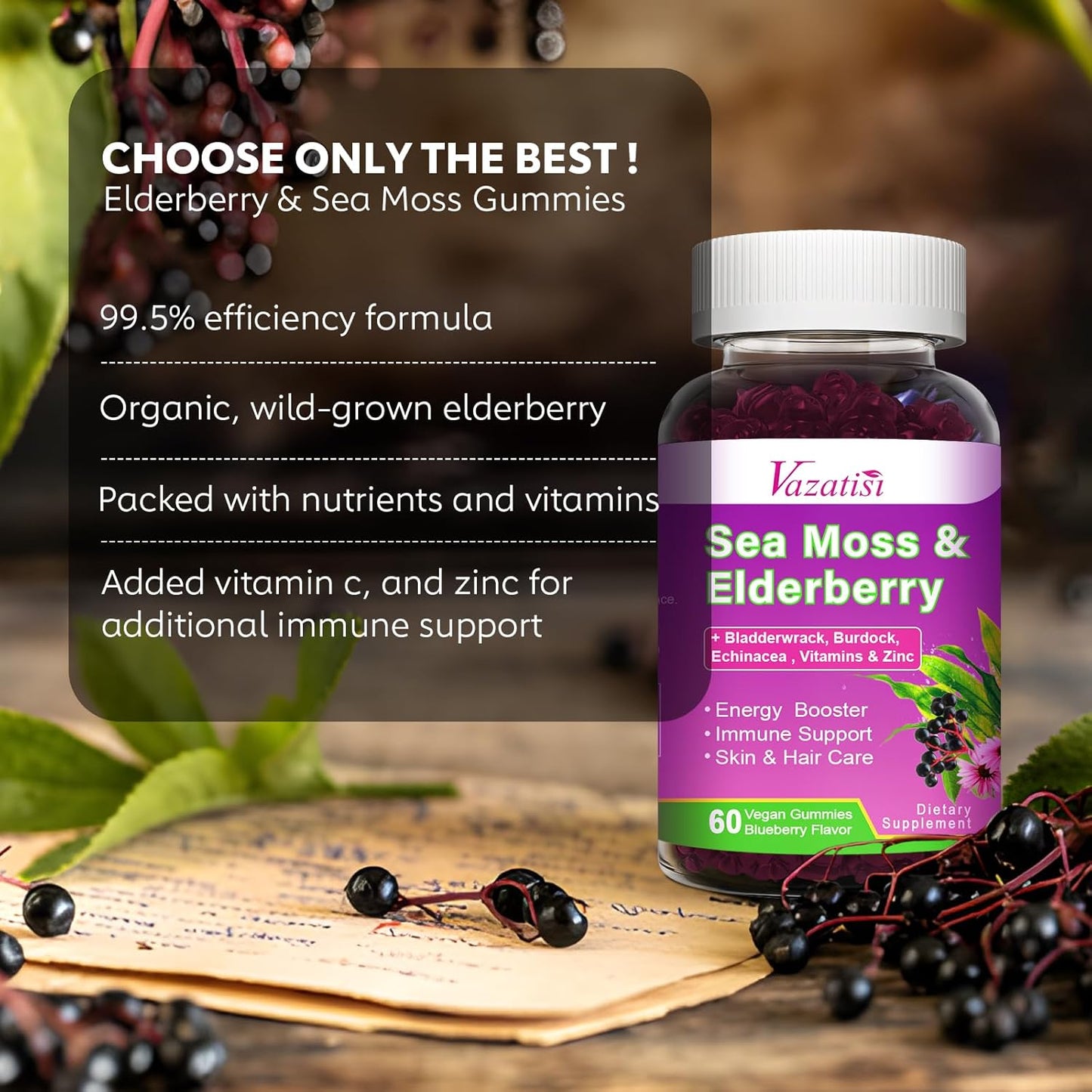 Vazatisi Blueberry Elderberry Sea Moss Gummies with Apple Cider Vinegar & Vitamins for Women, Men & Kids - 60 Ct