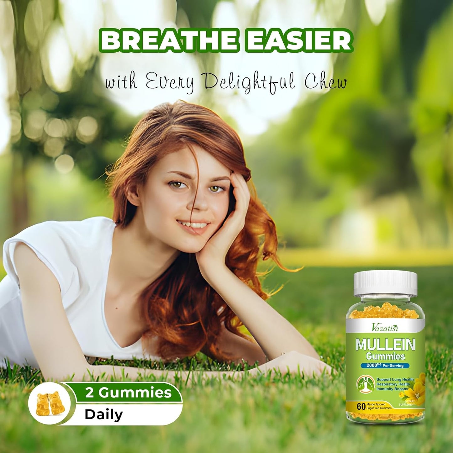 Vazatisi Mullein Leaf Gummies with Bromelain, Quercetin, and Pine Bark Extract - Lung Cleanse Support for Healthy Breathing - 60ct