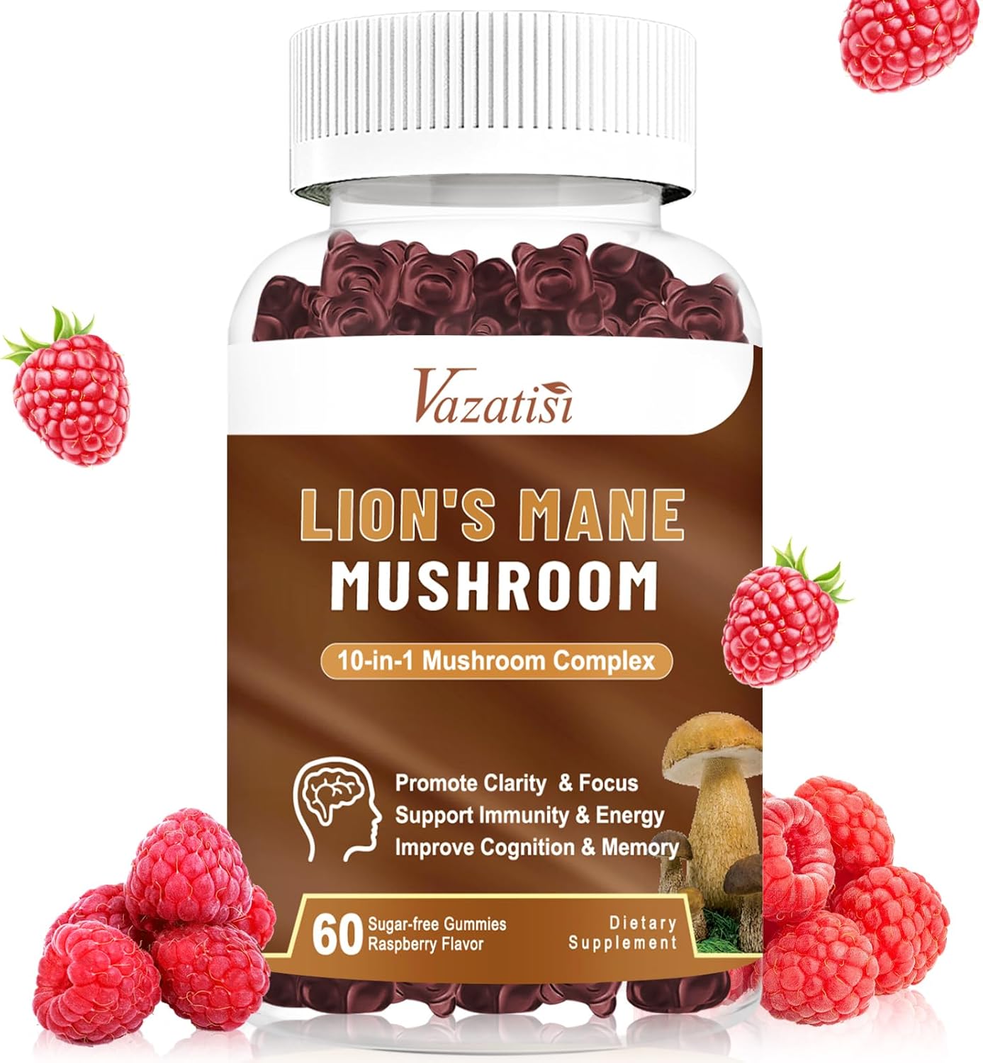 Vazatisi Organic Mushroom Gummies - 10 Mushroom Complex with Lions Mane, Shitake, Reishi - Memory & Focus Supplement - Immune Booster - 60 Raspberry Gummies