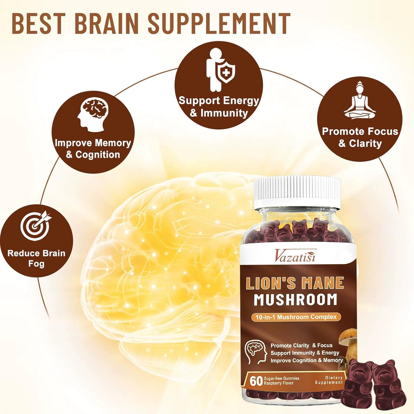 Vazatisi Organic Mushroom Gummies - 10 Mushroom Complex with Lions Mane, Shitake, Reishi - Memory & Focus Supplement - Immune Booster - 60 Raspberry Gummies
