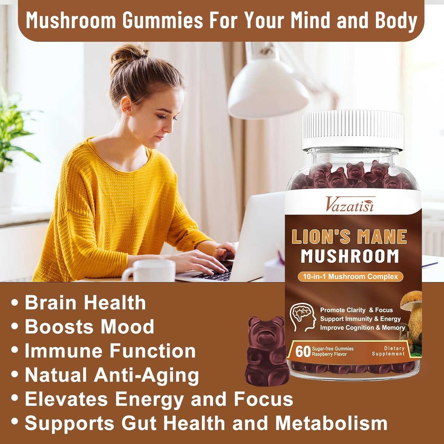 Vazatisi Organic Mushroom Gummies - 10 Mushroom Complex with Lions Mane, Shitake, Reishi - Memory & Focus Supplement - Immune Booster - 60 Raspberry Gummies