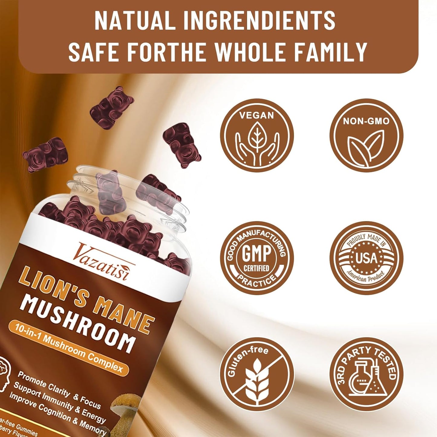 Vazatisi Organic Mushroom Gummies - 10 Mushroom Complex with Lions Mane, Shitake, Reishi - Memory & Focus Supplement - Immune Booster - 60 Raspberry Gummies