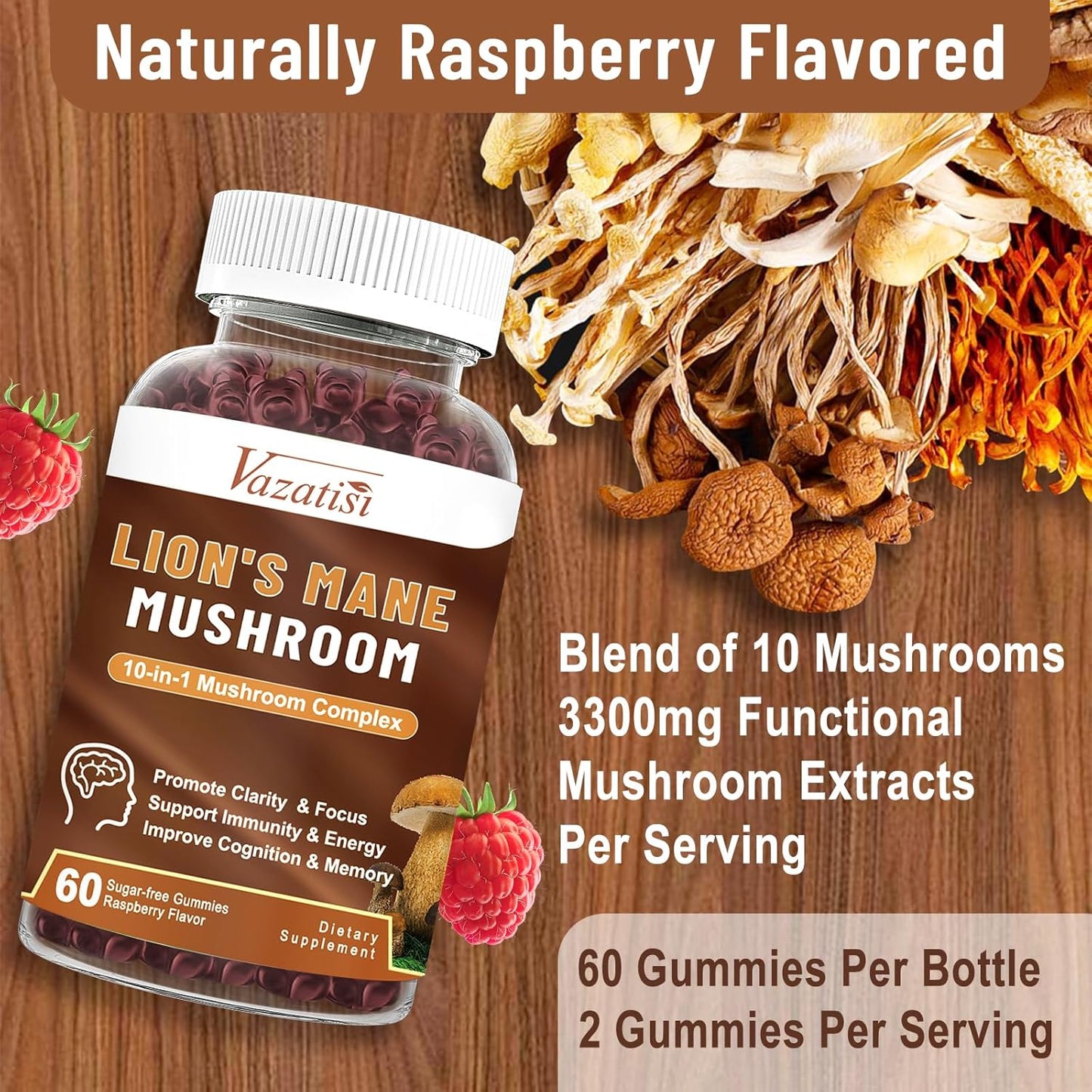 Vazatisi Organic Mushroom Gummies - 10 Mushroom Complex with Lions Mane, Shitake, Reishi - Memory & Focus Supplement - Immune Booster - 60 Raspberry Gummies