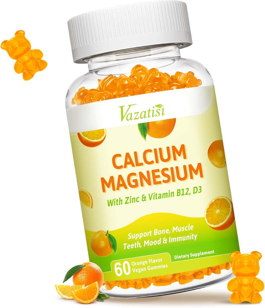 Vazatisi Vegan Calcium Magnesium Zinc Gummies with Vitamin D3 & B12, 2:1 Ratio for Bone, Muscle, Mood, Immunity - 60 Orange Gummies