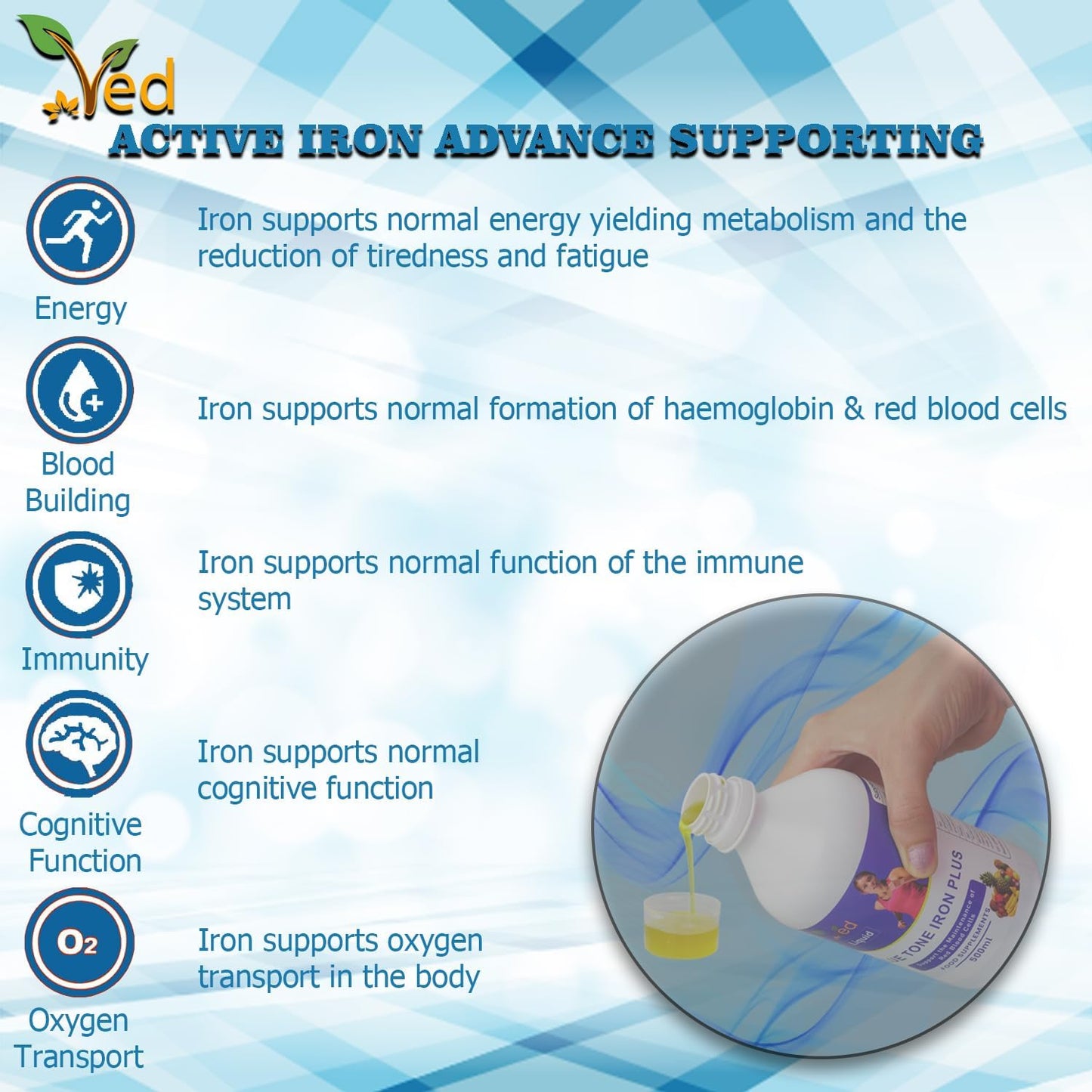 Ved Liquid Iron Supplement with Vitamin C, Mix Fruit Flavor, High Absorption for Energy & Immunity, Gentle on Stomach - 25 Day Supply for Men & Women