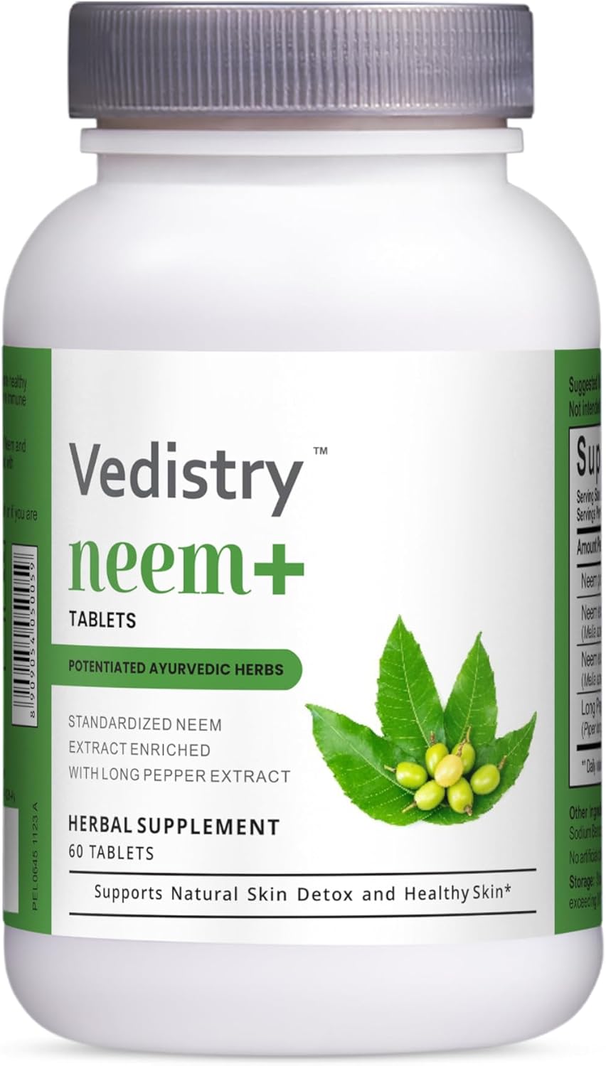 VEDISTRY Neem Plus Tablets 1100mg with Long Pepper | Promotes Healthy Skin, Detoxification, & Immune System | Vegan Herbal Supplement for Mild Acne | 60 Tablets