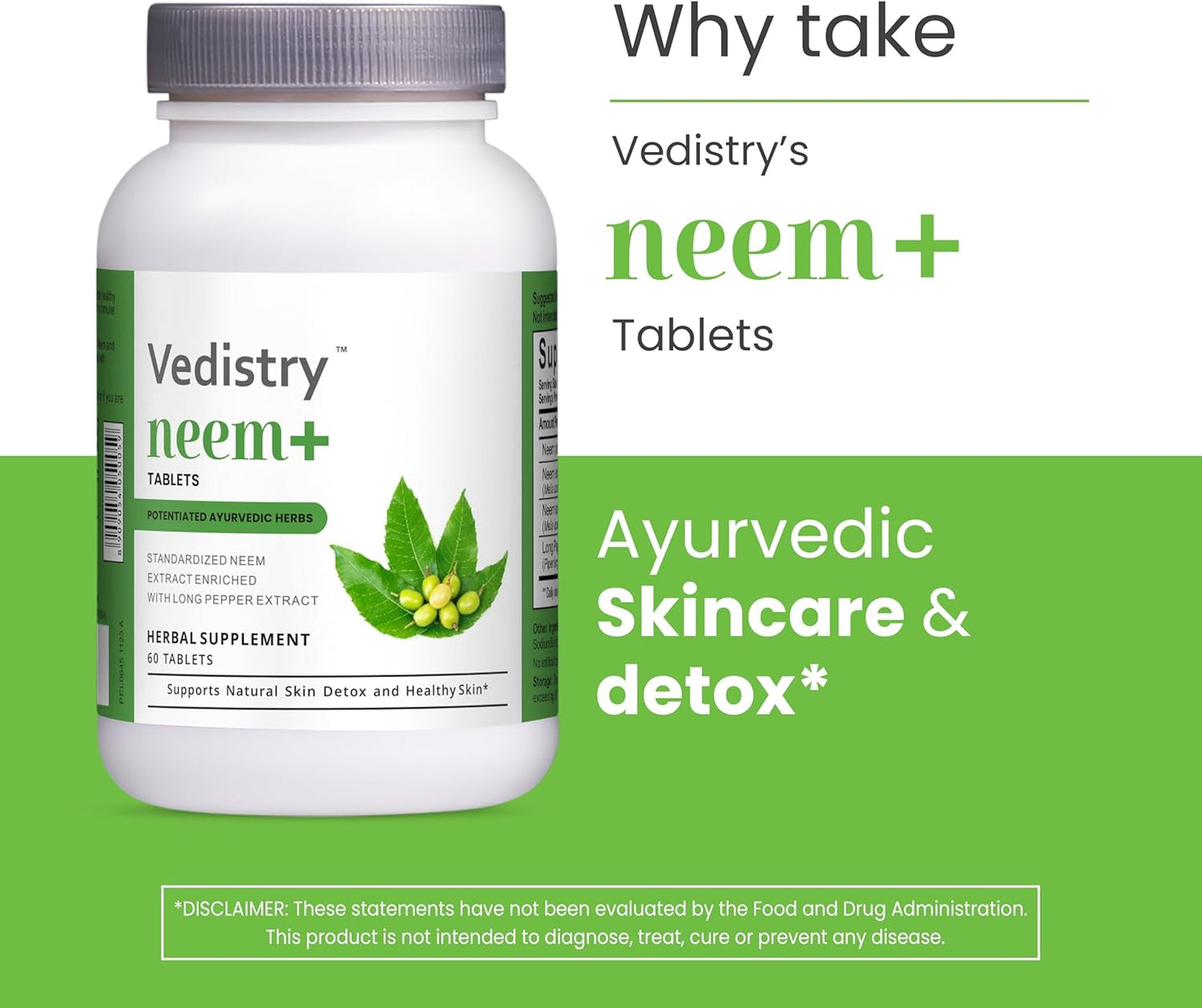 VEDISTRY Neem Plus Tablets 1100mg with Long Pepper | Promotes Healthy Skin, Detoxification, & Immune System | Vegan Herbal Supplement for Mild Acne | 60 Tablets
