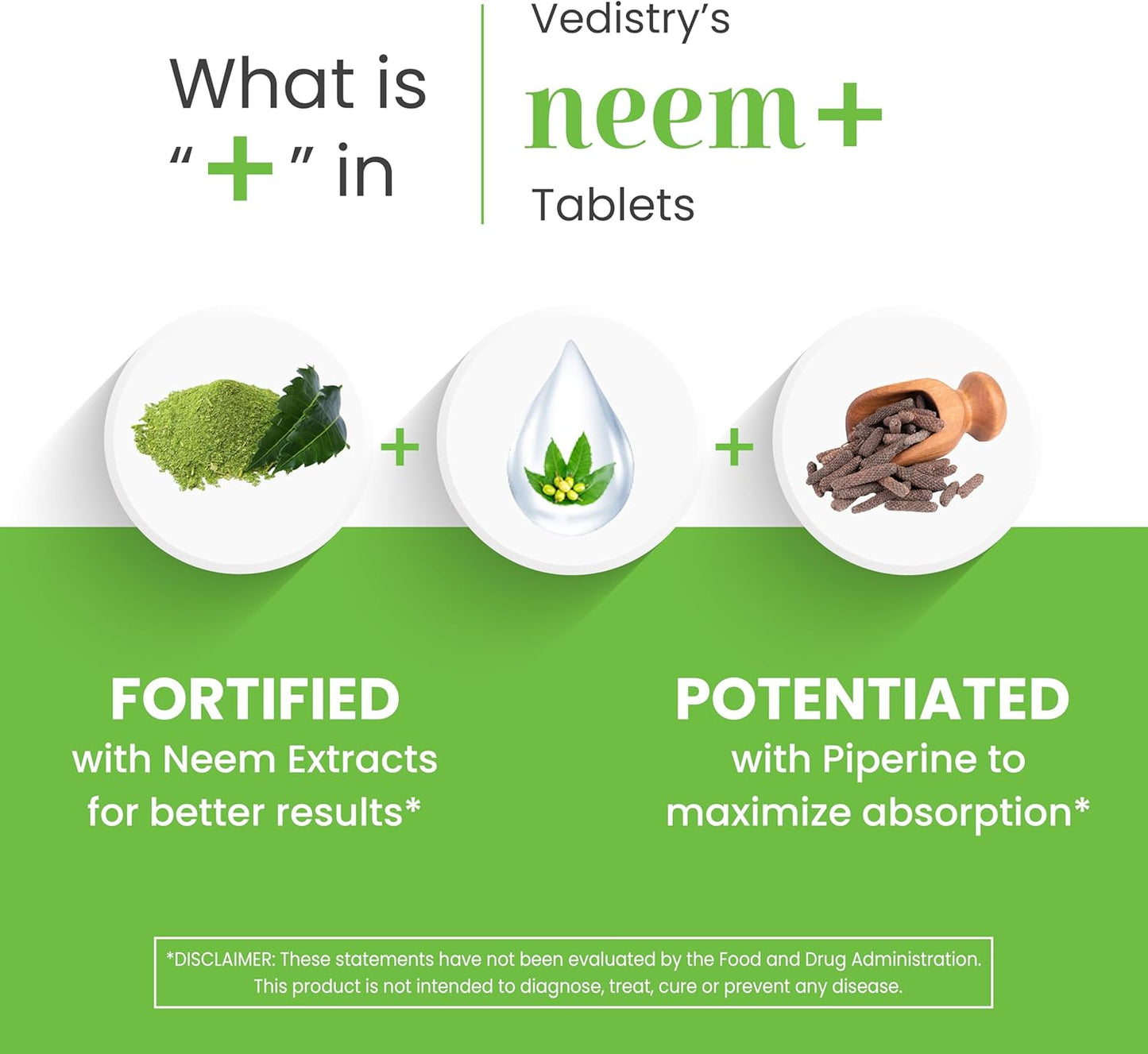 VEDISTRY Neem Plus Tablets 1100mg with Long Pepper | Promotes Healthy Skin, Detoxification, & Immune System | Vegan Herbal Supplement for Mild Acne | 60 Tablets