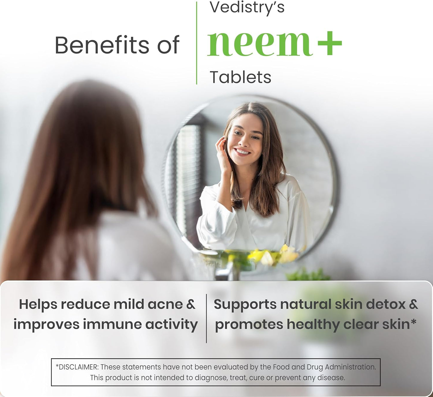 VEDISTRY Neem Plus Tablets 1100mg with Long Pepper | Promotes Healthy Skin, Detoxification, & Immune System | Vegan Herbal Supplement for Mild Acne | 60 Tablets