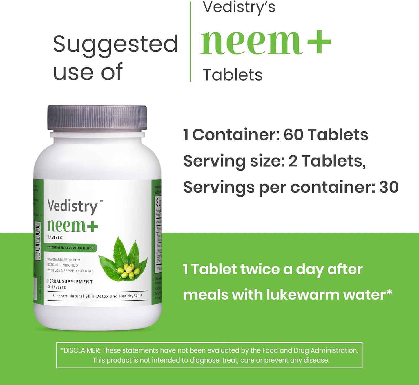 VEDISTRY Neem Plus Tablets 1100mg with Long Pepper | Promotes Healthy Skin, Detoxification, & Immune System | Vegan Herbal Supplement for Mild Acne | 60 Tablets