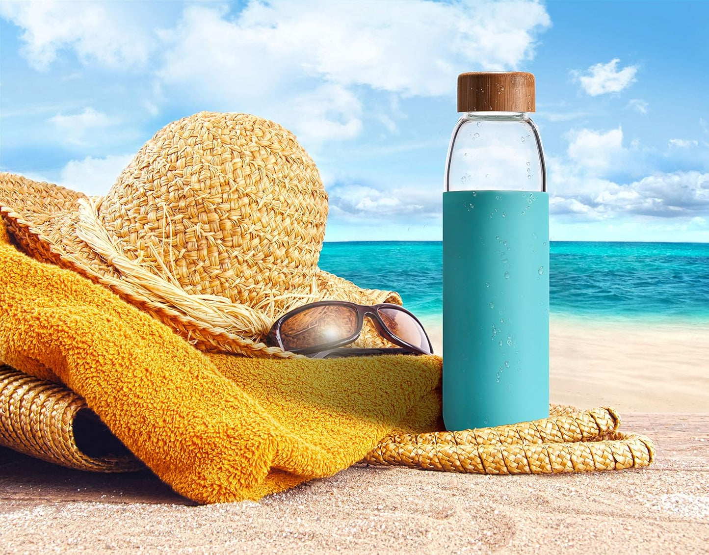 Veegoal 18 Oz Borosilicate Glass Water Bottle with Bamboo Lid - BPA-FREE, Non-Slip Sleeve, Stainless Steel Leak Proof Cap - Reusable for Men and Women