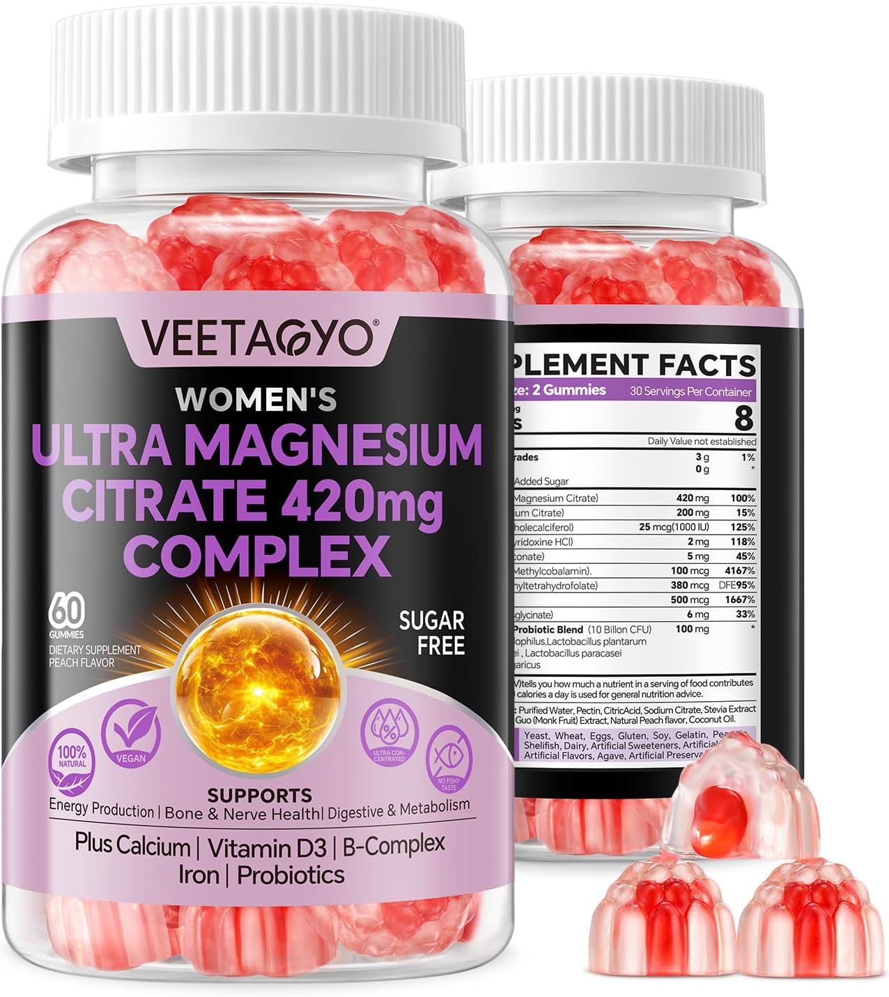 VEETAGYO Magnesium Citrate Gummies 420mg with Probiotics & Essential Nutrients - Supports Bone, Nerve, and Muscle Health - Vegan Formula - 60 Count