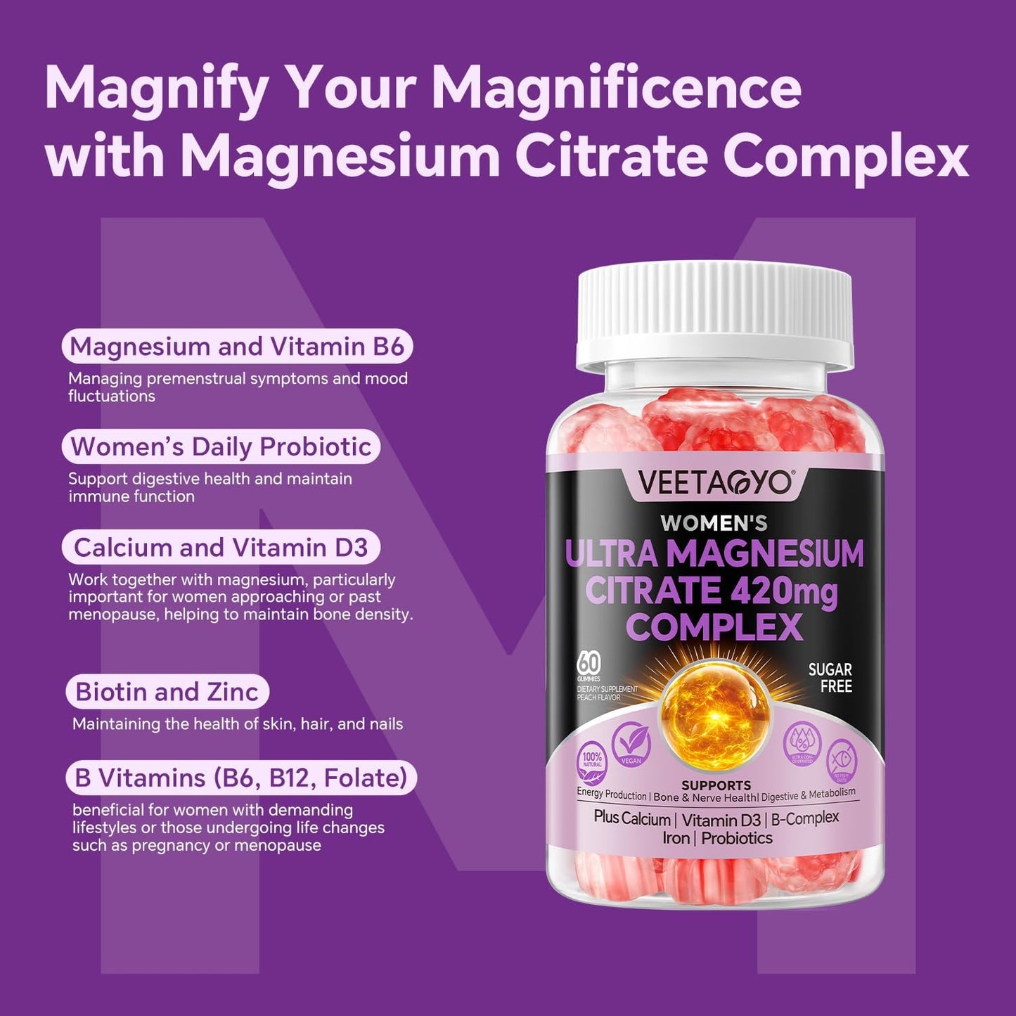 VEETAGYO Magnesium Citrate Gummies 420mg with Probiotics & Essential Nutrients - Supports Bone, Nerve, and Muscle Health - Vegan Formula - 60 Count