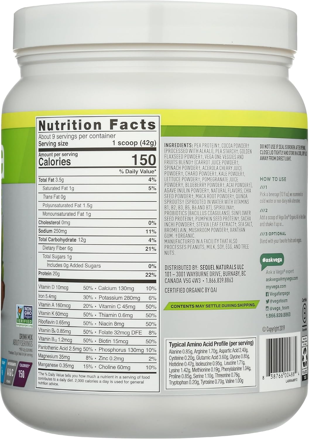 Vega Chocolate Organic All-in-One Vegan Protein Powder - Immunity Boosting Vitamins, Superfood Ingredients, Keto Friendly, 13.2 oz