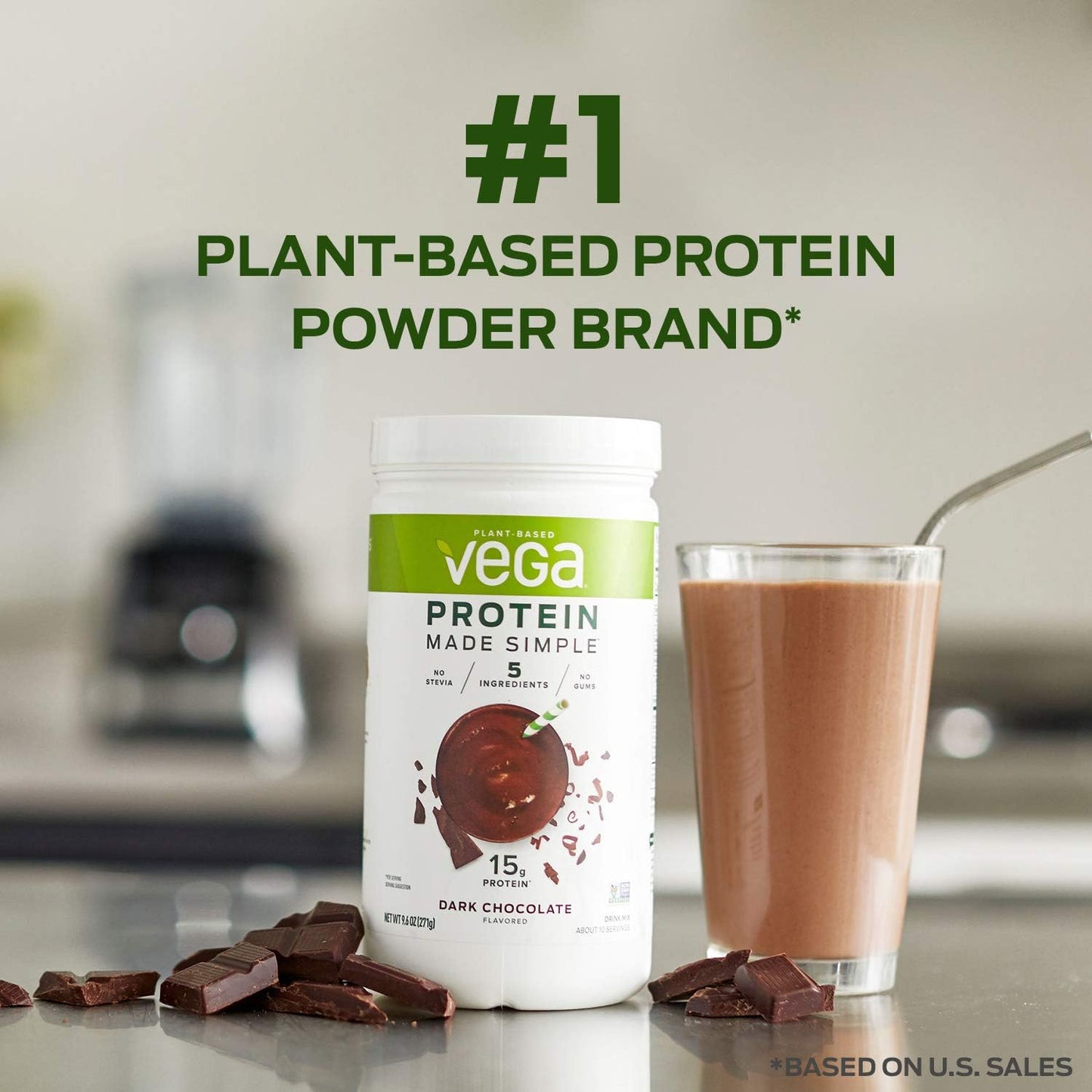 Vega Dark Chocolate Protein Powder - Plant Based, Gluten Free, Stevia Free, Pea Protein for Men and Women - 9.6 oz