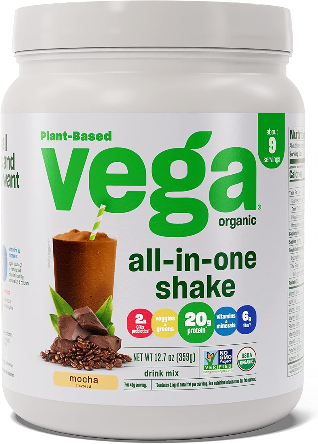 Vega Organic Mocha Vegan Protein Powder - 9 Servings, Superfood Ingredients, Immunity Support, Keto Friendly - 12.7oz