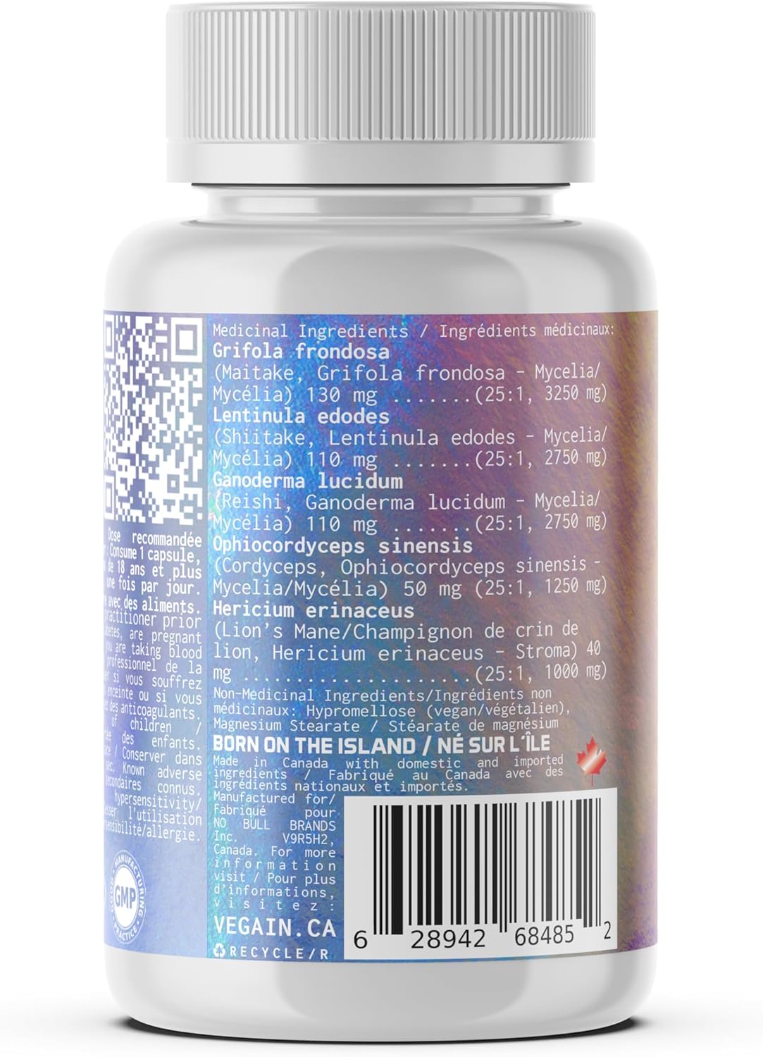 VEGAIN Adaptogenic Mushroom Blend | 60 Servings, High Potency 25:1 Extract | Maitake, Shiitake, Reishi, Cordyceps, Lion's Mane - Stress Reduction, Endurance & Energy - 60 Vegan Caps