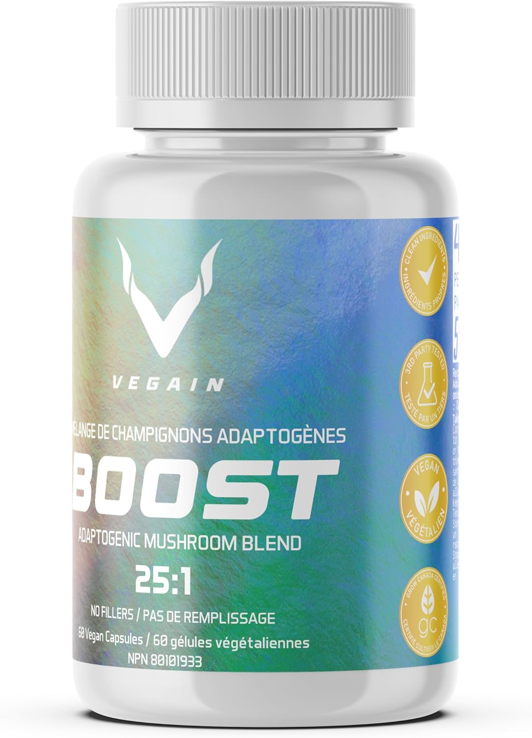 VEGAIN Adaptogenic Mushroom Blend | 60 Servings, High Potency 25:1 Extract | Maitake, Shiitake, Reishi, Cordyceps, Lion's Mane - Stress Reduction, Endurance & Energy - 60 Vegan Caps