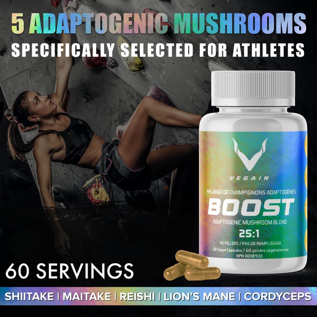 VEGAIN Adaptogenic Mushroom Blend | 60 Servings, High Potency 25:1 Extract | Maitake, Shiitake, Reishi, Cordyceps, Lion's Mane - Stress Reduction, Endurance & Energy - 60 Vegan Caps