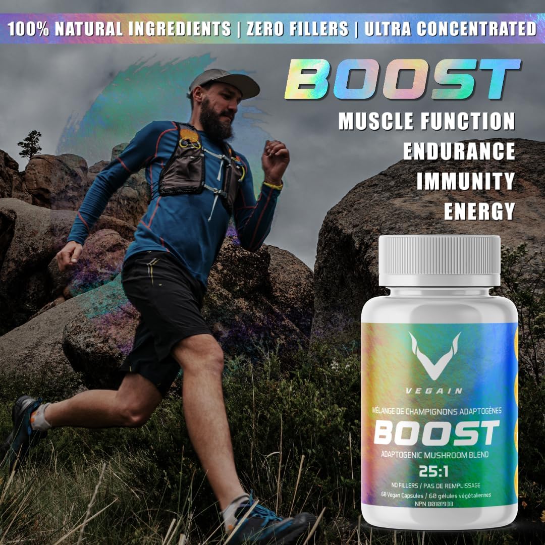 VEGAIN Adaptogenic Mushroom Blend | 60 Servings, High Potency 25:1 Extract | Maitake, Shiitake, Reishi, Cordyceps, Lion's Mane - Stress Reduction, Endurance & Energy - 60 Vegan Caps
