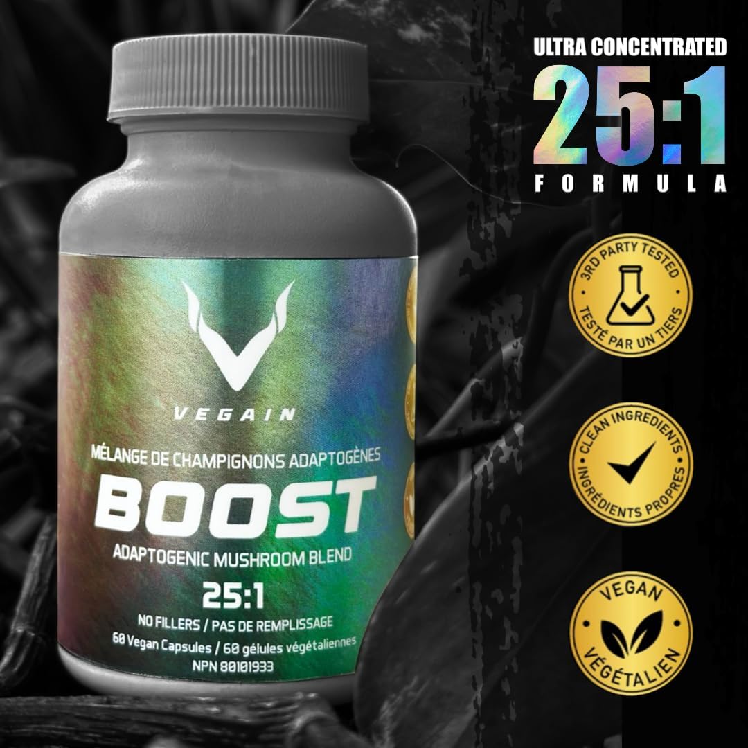 VEGAIN Adaptogenic Mushroom Blend | 60 Servings, High Potency 25:1 Extract | Maitake, Shiitake, Reishi, Cordyceps, Lion's Mane - Stress Reduction, Endurance & Energy - 60 Vegan Caps