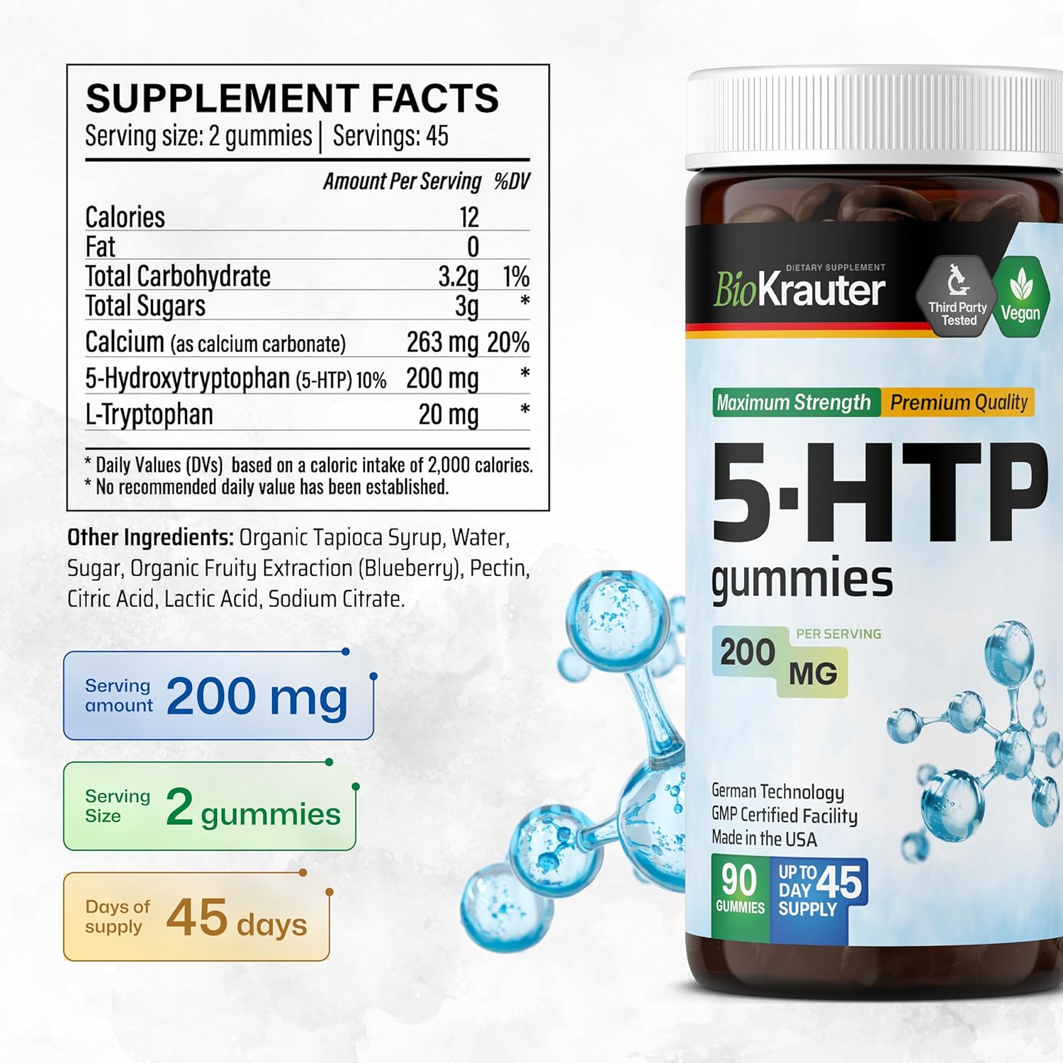 Vegan 5 HTP Supplement Gummies - 200mg Strength - 90 Chews - Relaxation & Mood Support with L Tryptophan