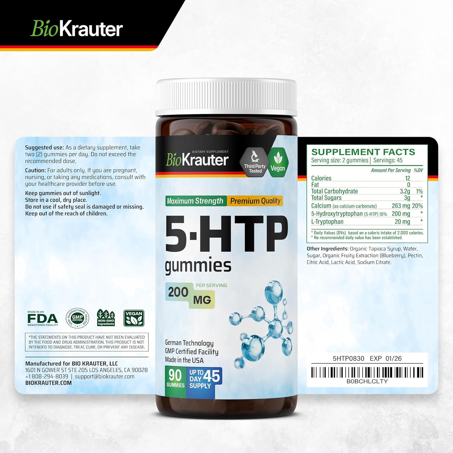 Vegan 5 HTP Supplement Gummies - 200mg Strength - 90 Chews - Relaxation & Mood Support with L Tryptophan