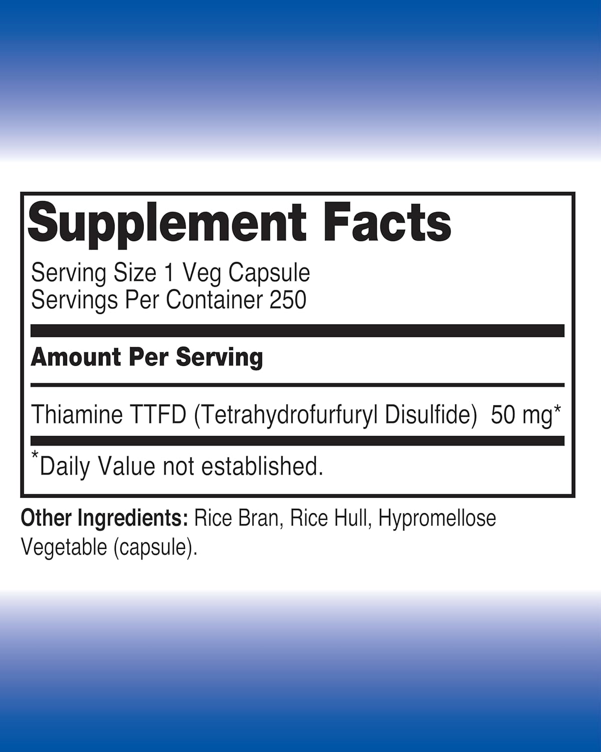 Vegan 50mg Thiamine TTFD Integrative Healing Supplement - 250 Capsules, Non-GMO, No Fillers