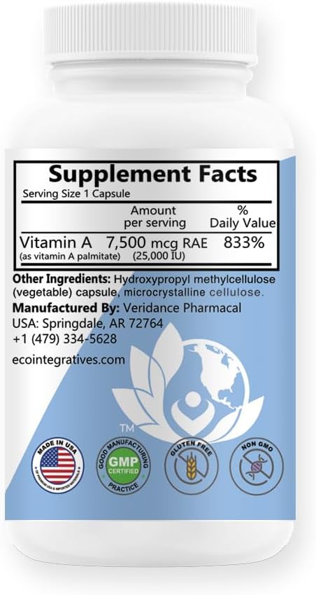 Vegan A-25,000 IU Palmitate Powder Capsules for Vision, Skin, Bones, Immune Support - Non-GMO, Antioxidant Formula