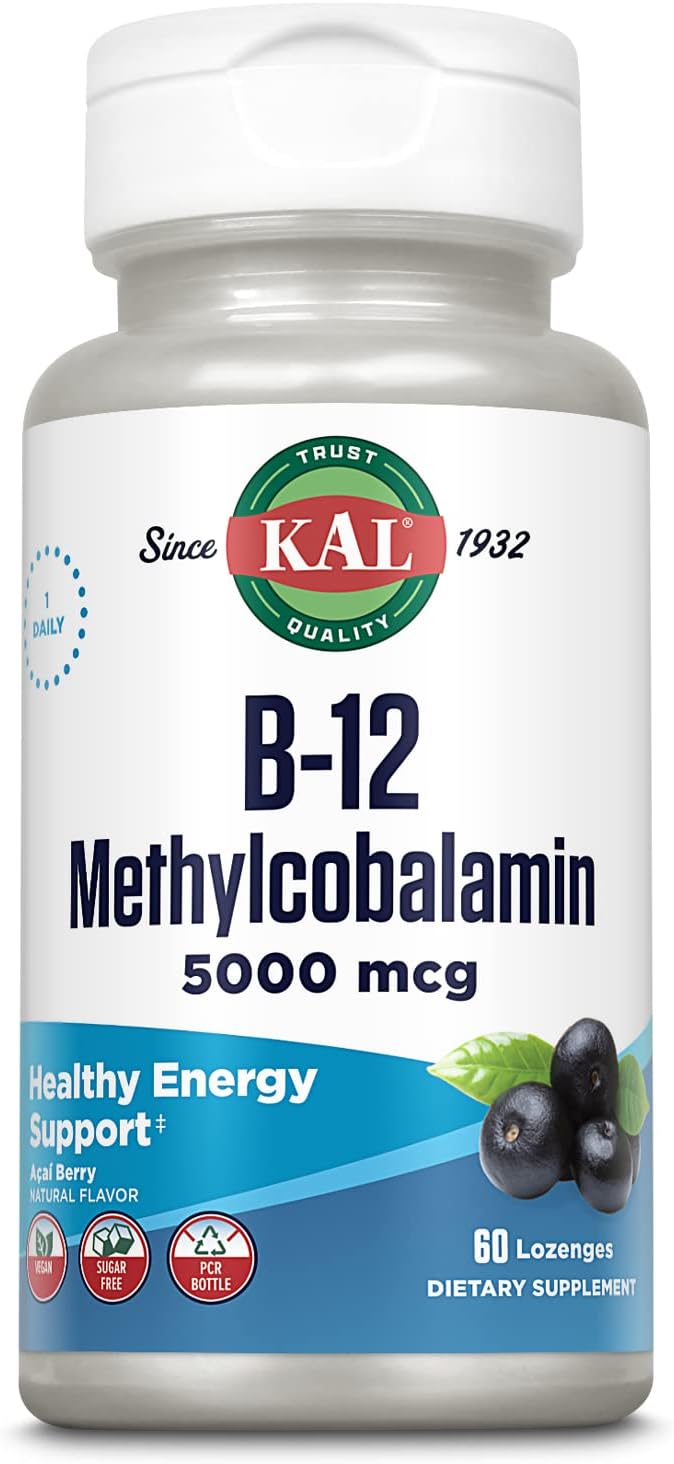 Vegan Acai Flavor B-12 Methylcobalamin Lozenges for Healthy Energy and Metabolism, 5000mcg, 60 Servings