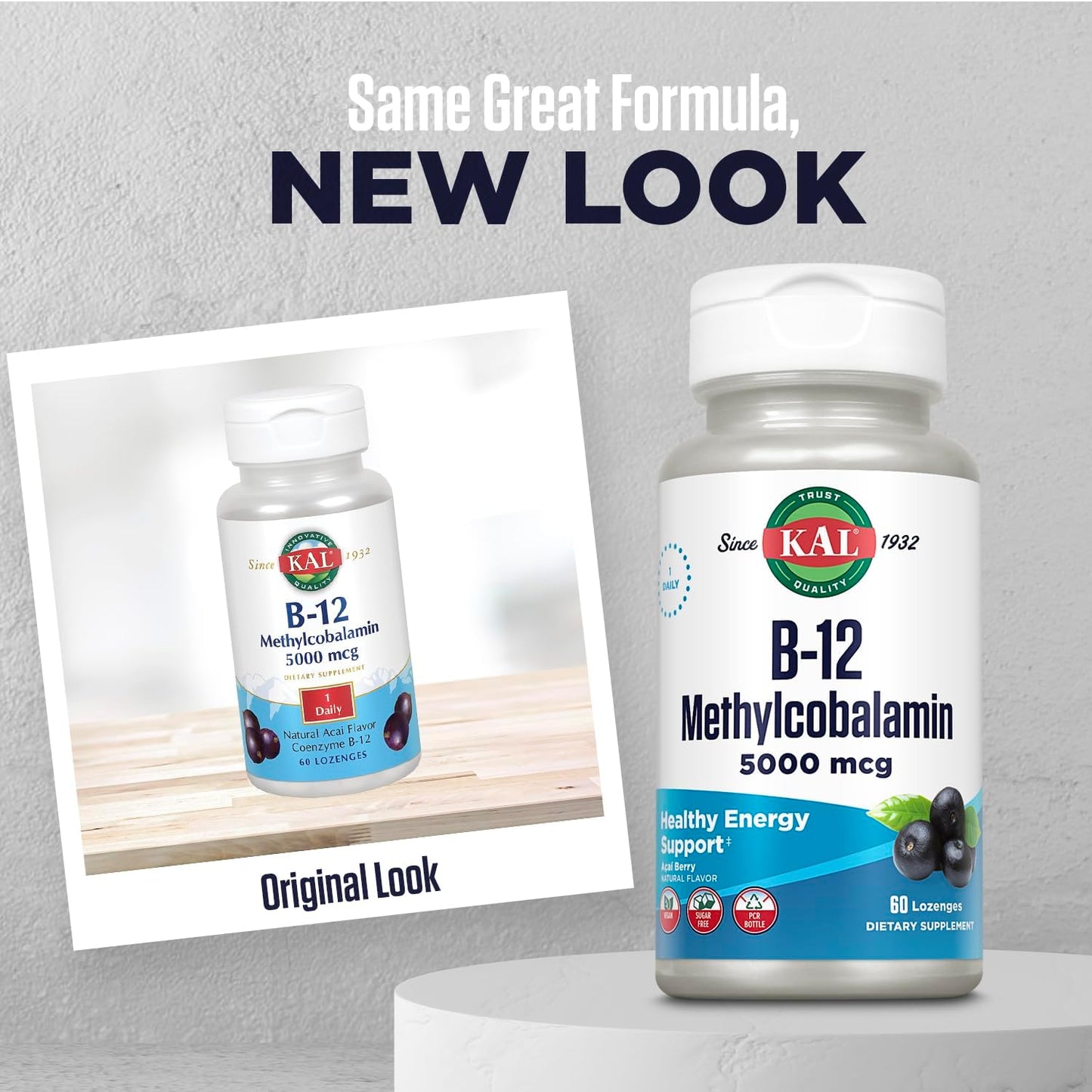 Vegan Acai Flavor B-12 Methylcobalamin Lozenges for Healthy Energy and Metabolism, 5000mcg, 60 Servings