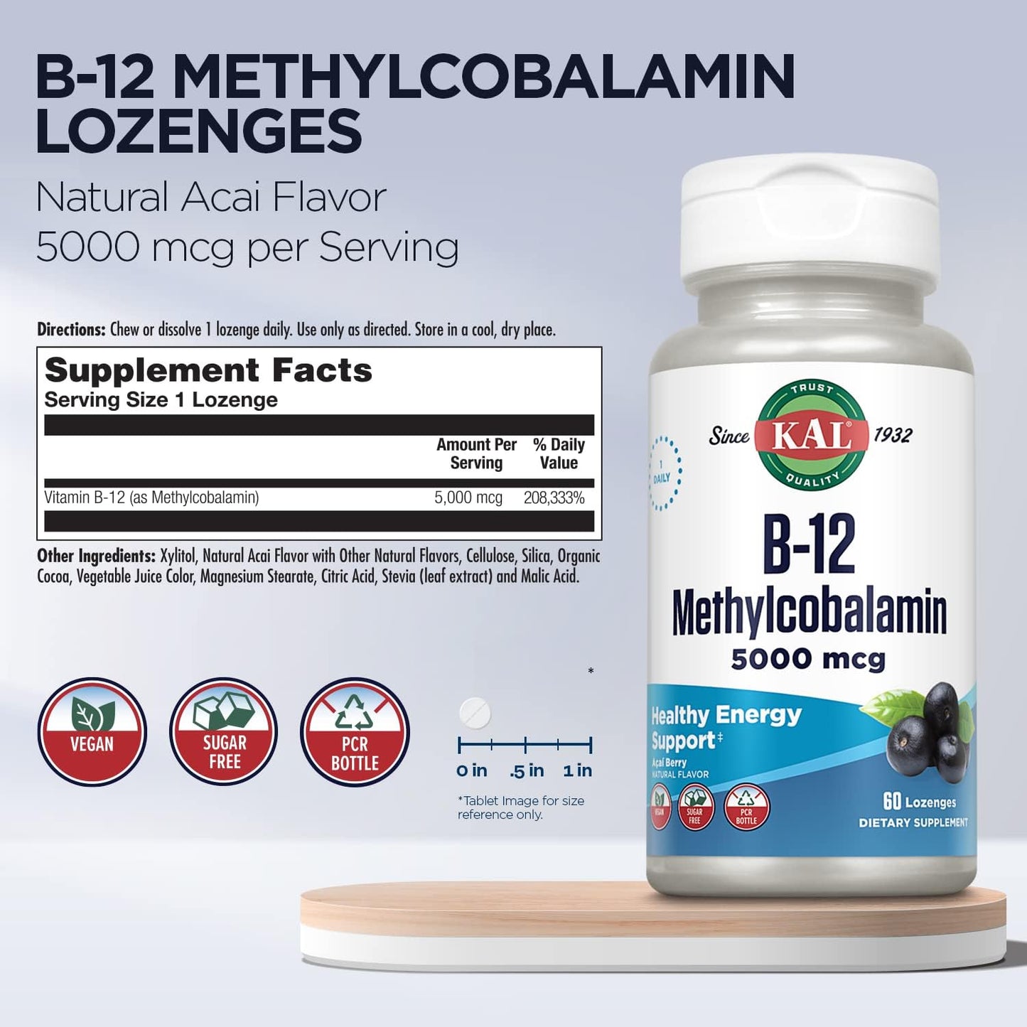 Vegan Acai Flavor B-12 Methylcobalamin Lozenges for Healthy Energy and Metabolism, 5000mcg, 60 Servings