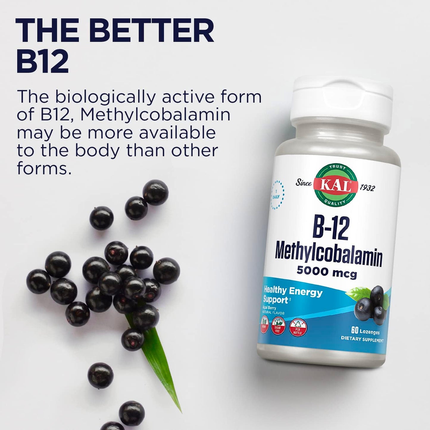 Vegan Acai Flavor B-12 Methylcobalamin Lozenges for Healthy Energy and Metabolism, 5000mcg, 60 Servings