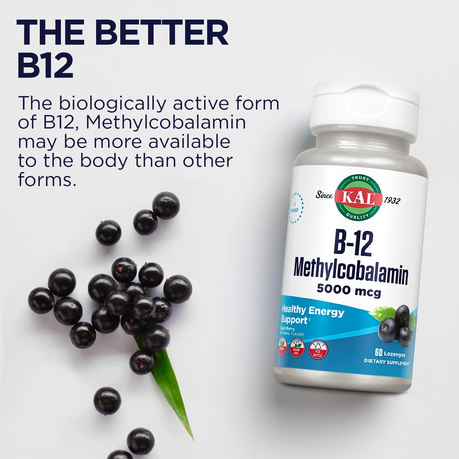 Vegan Acai Flavor B-12 Methylcobalamin Lozenges for Healthy Energy and Metabolism, 5000mcg, 60 Servings